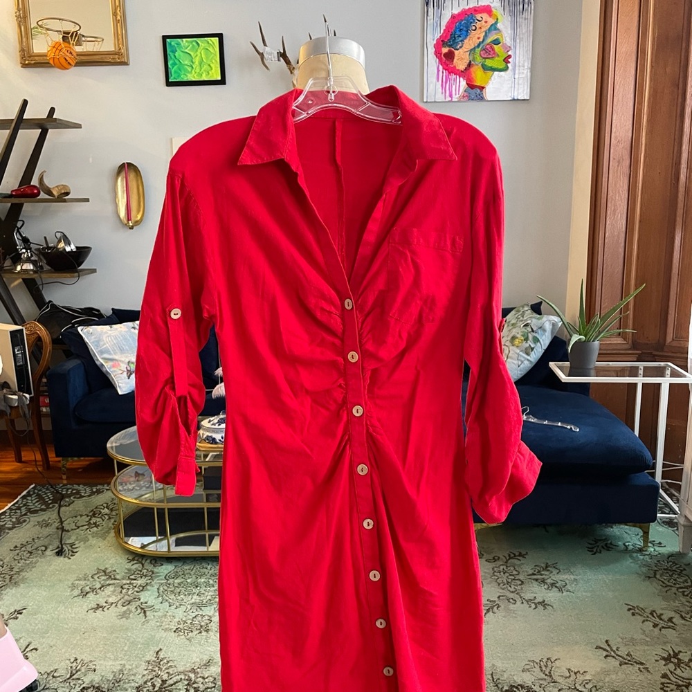 ZARA RED SHIRT DRESS WITH RUCHING. Linen blend. Long sleeves